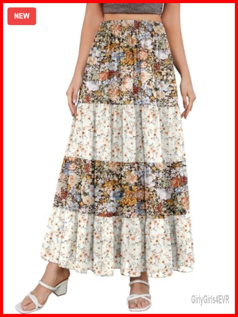 Women's Floral Maxi Skirt Chiffon Patchwork Boho High Waist A-Line
